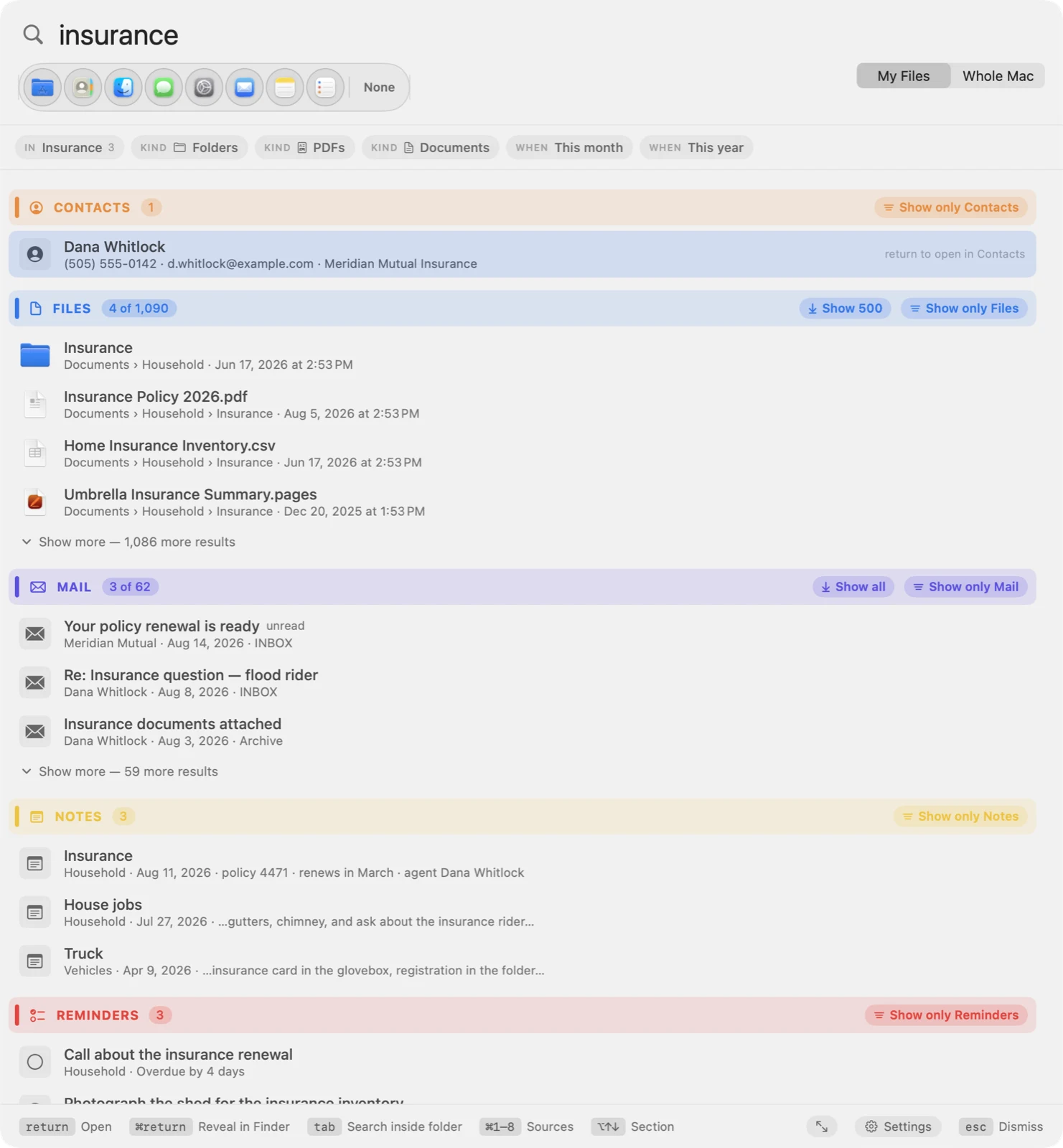 The Scout panel searching for the word insurance, showing separate labelled sections for Contacts, Files, Mail, Notes and Reminders, each with a result count