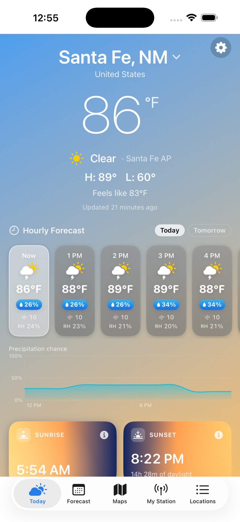 Cloudbreak Today tab for the current location