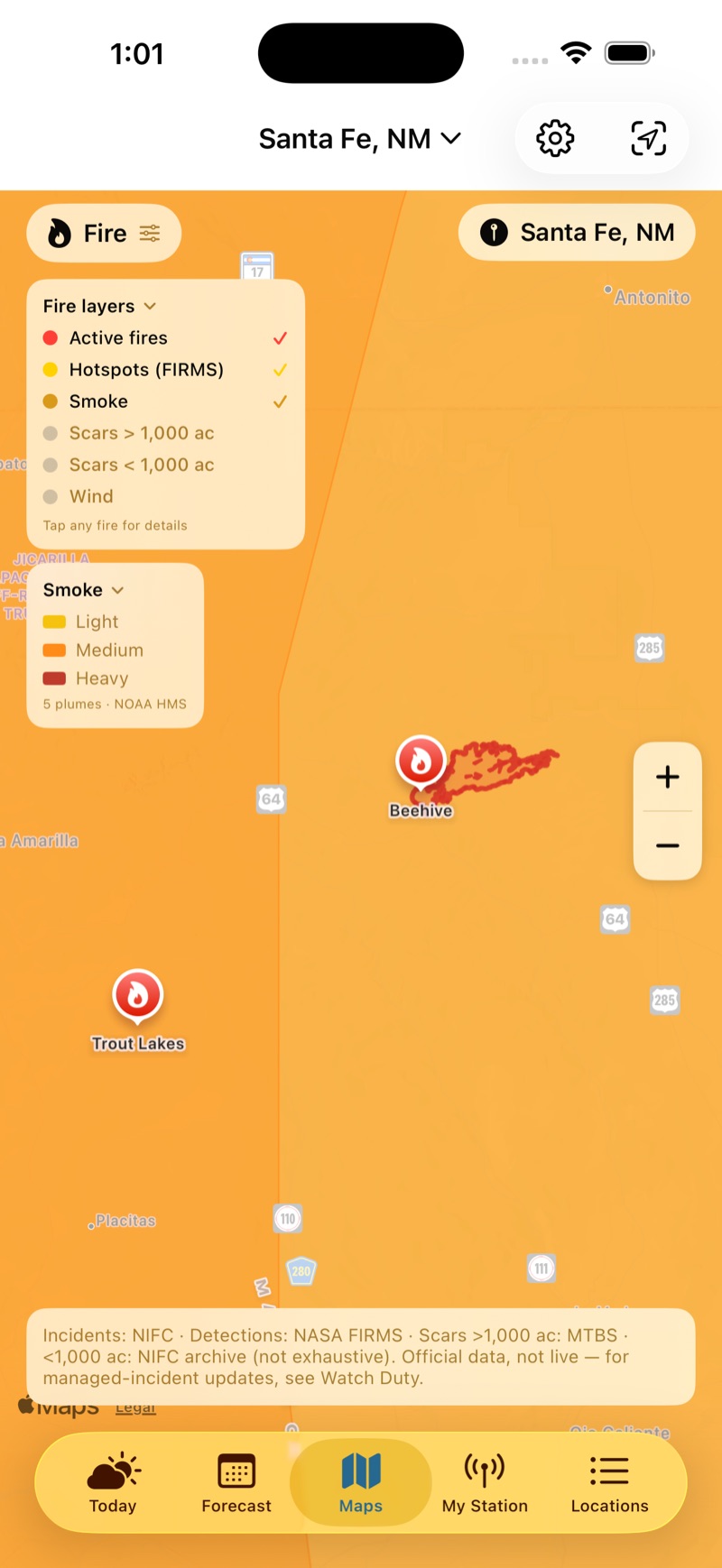 The Fire layer with active fires, hotspots, smoke, and air-quality pins