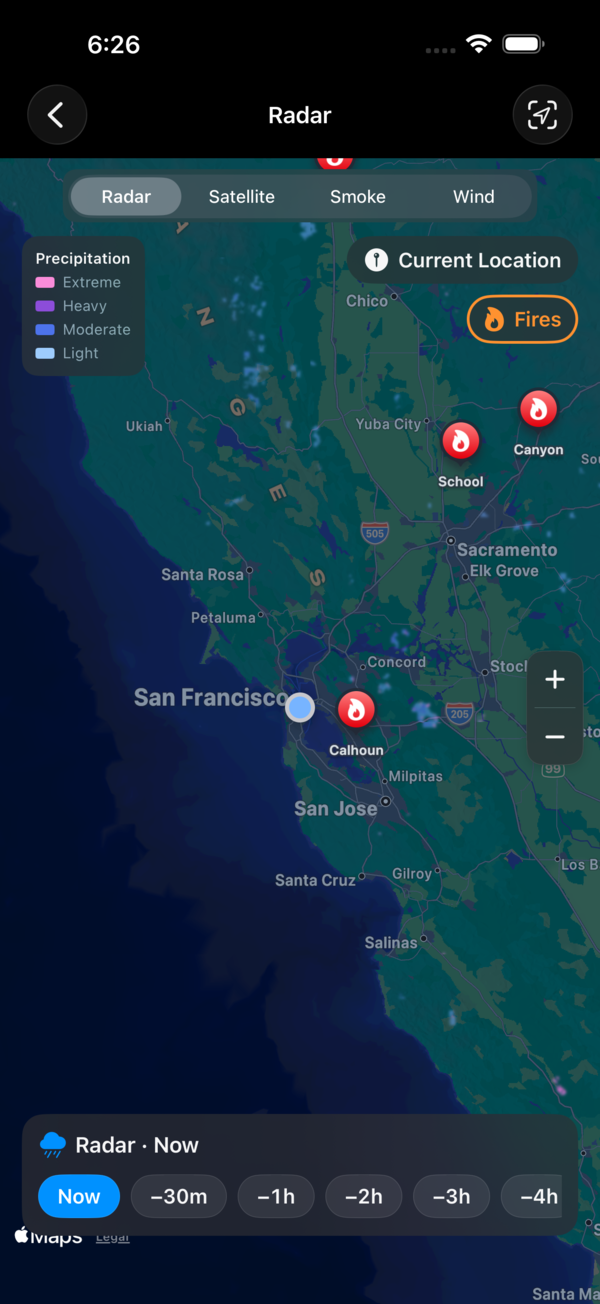 Active-fire hotspots over live radar map
