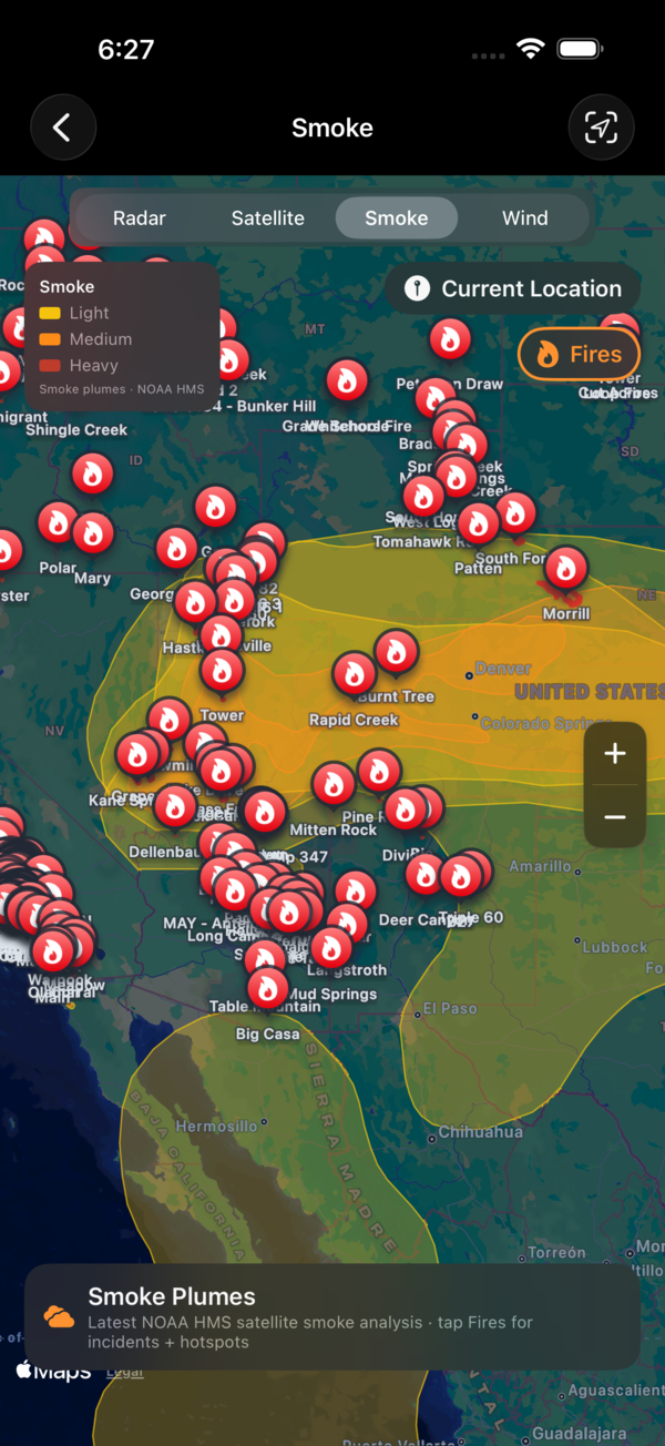 Wildfire smoke plumes and fires mapped from NOAA