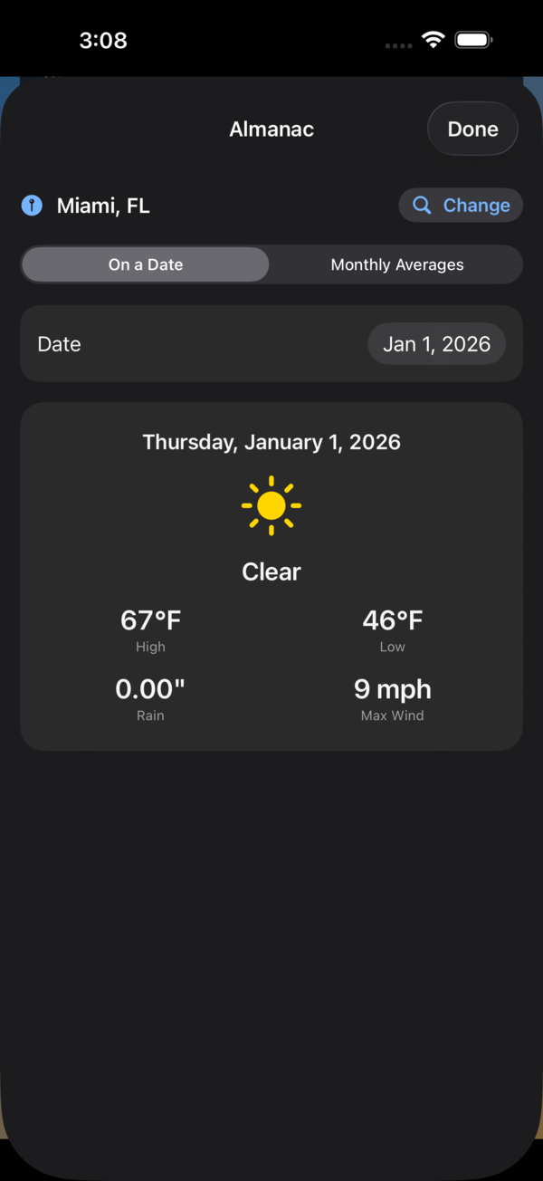 Almanac historical weather for a specific date
