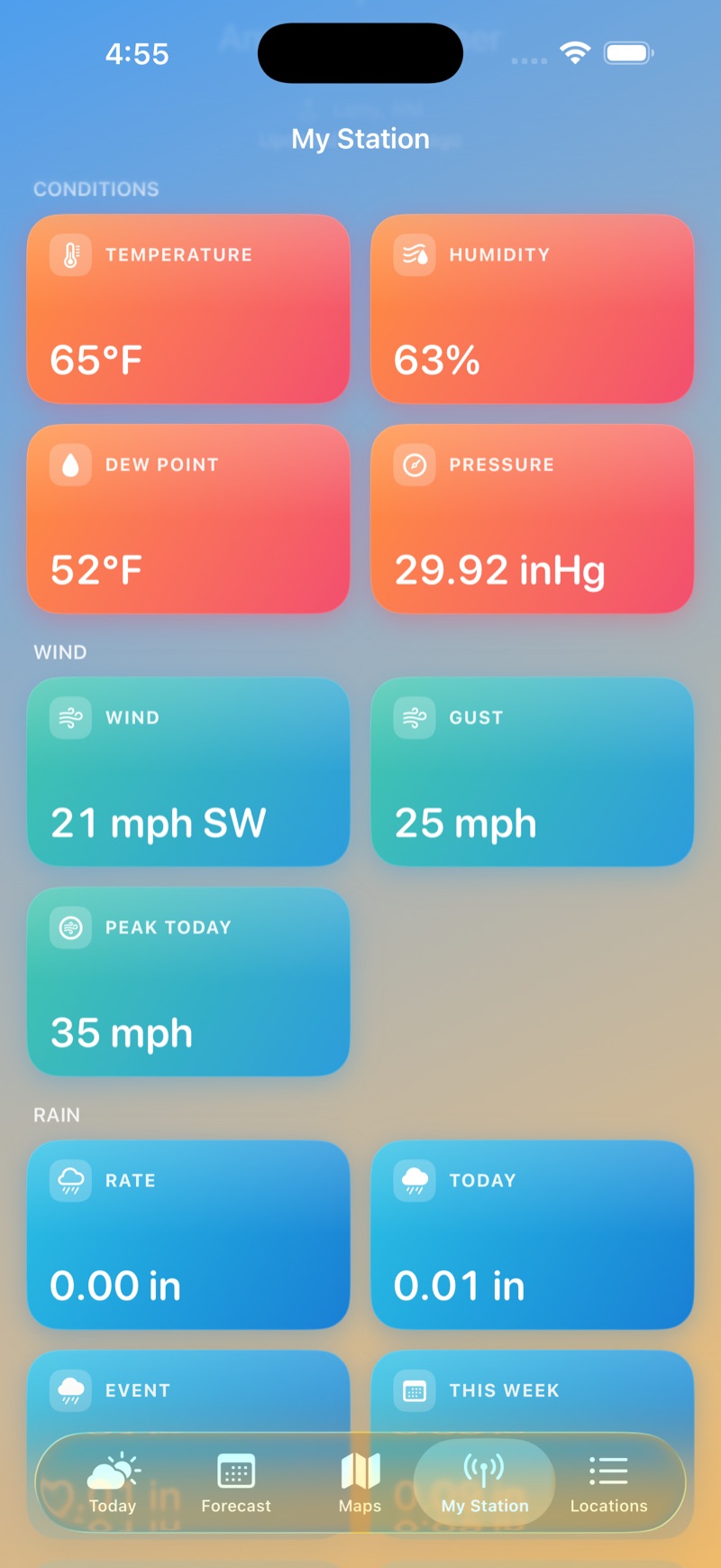 The My Station tab with grouped readings from a personal weather station