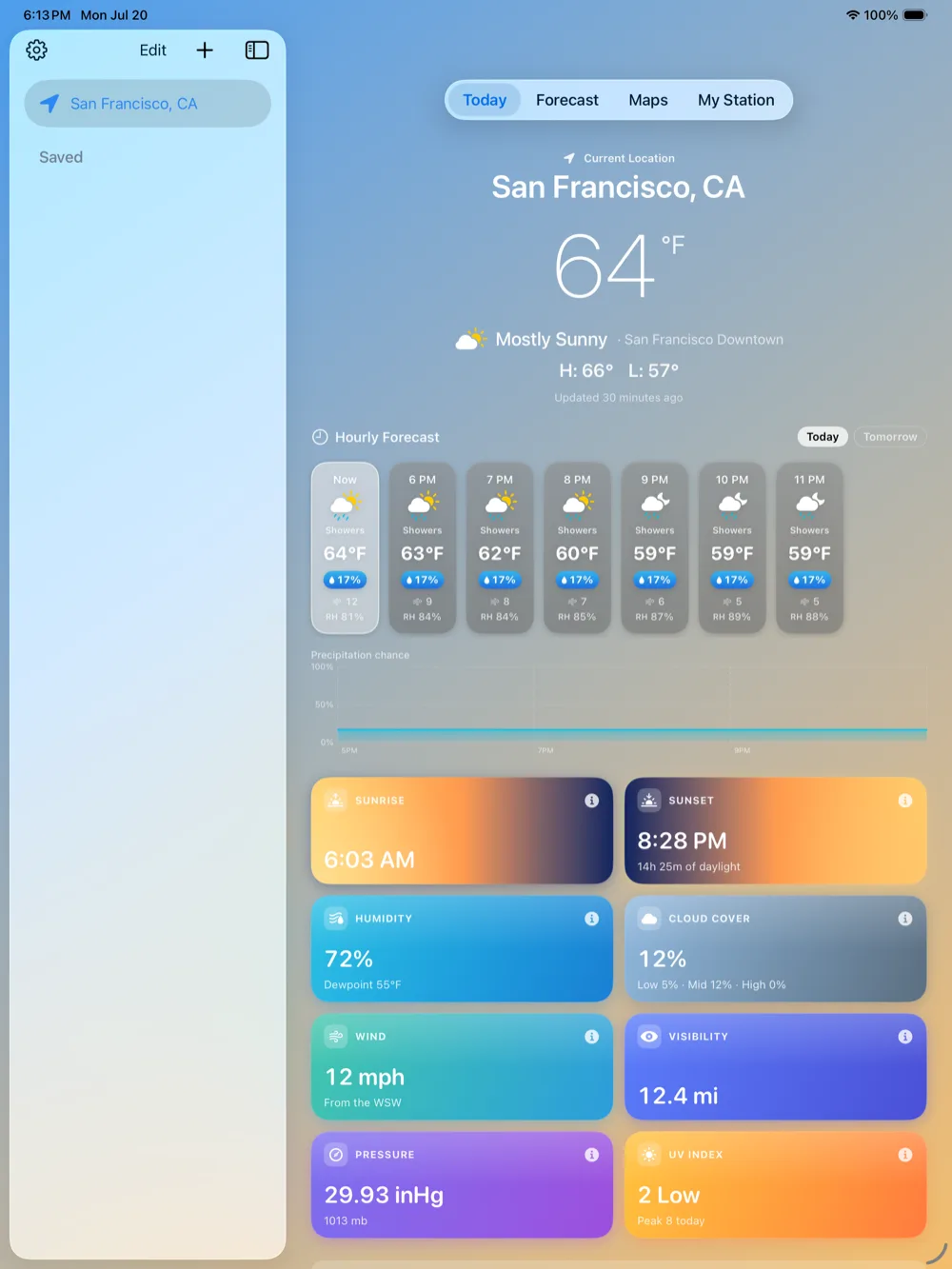 Cloudbreak on iPad: a sidebar of places beside the Today detail