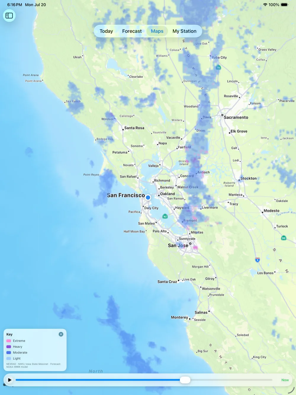 Radar on iPad, spanning the US and Canada