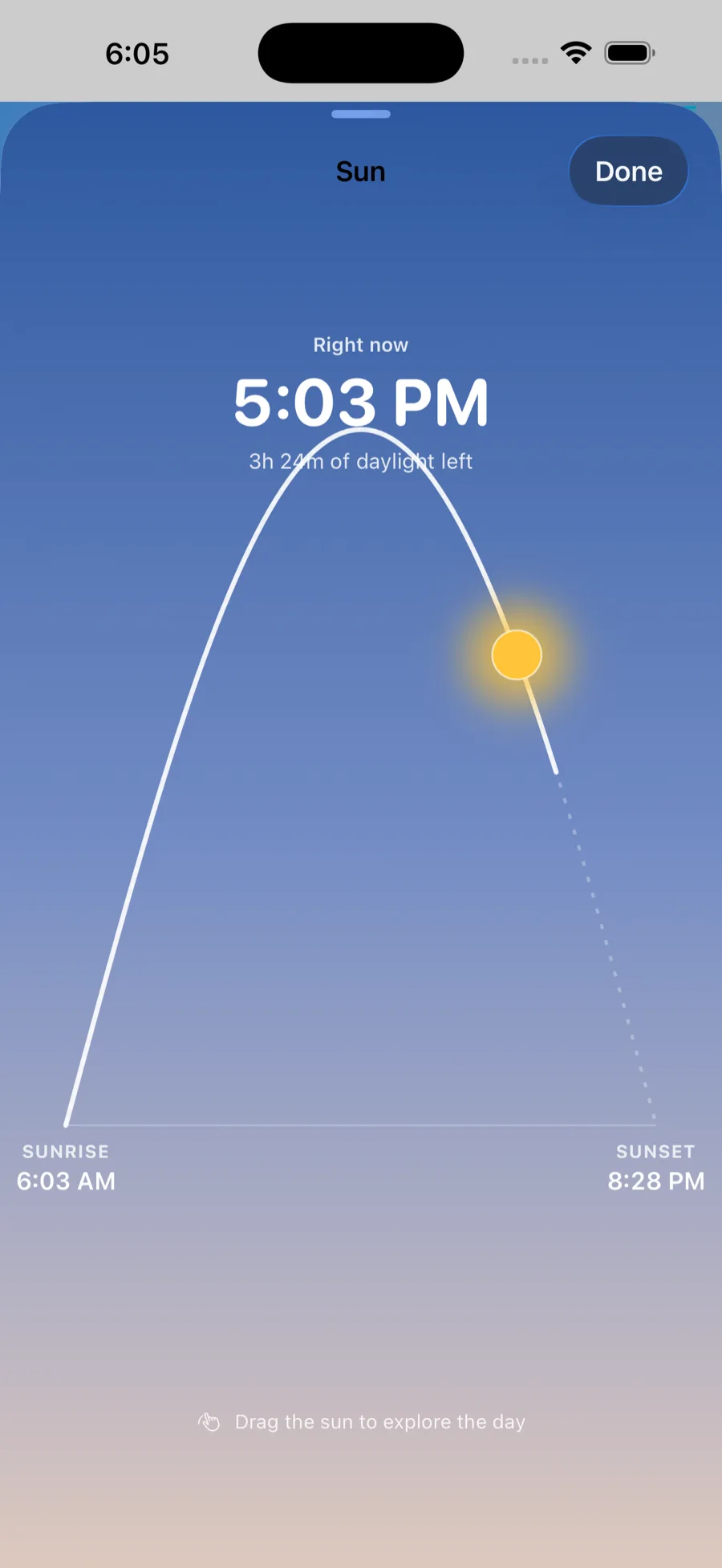 Interactive sun arc showing sunrise, sunset, and daylight remaining
