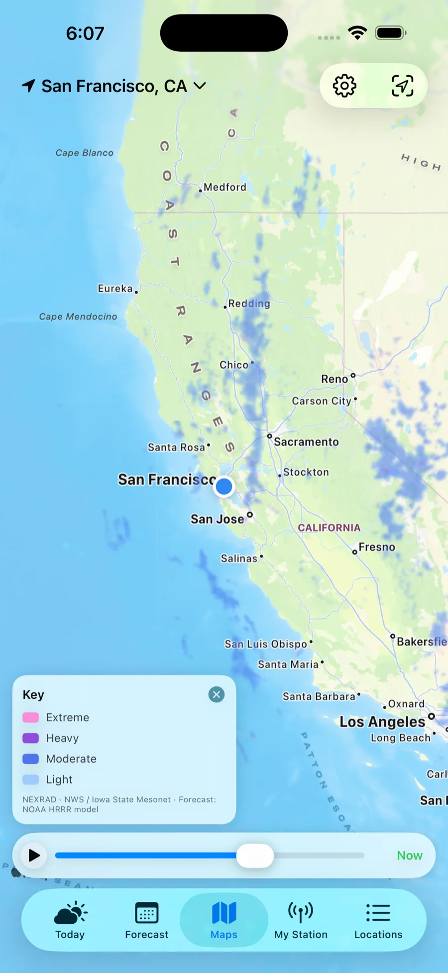 Radar map with playback controls, spanning the US and Canada