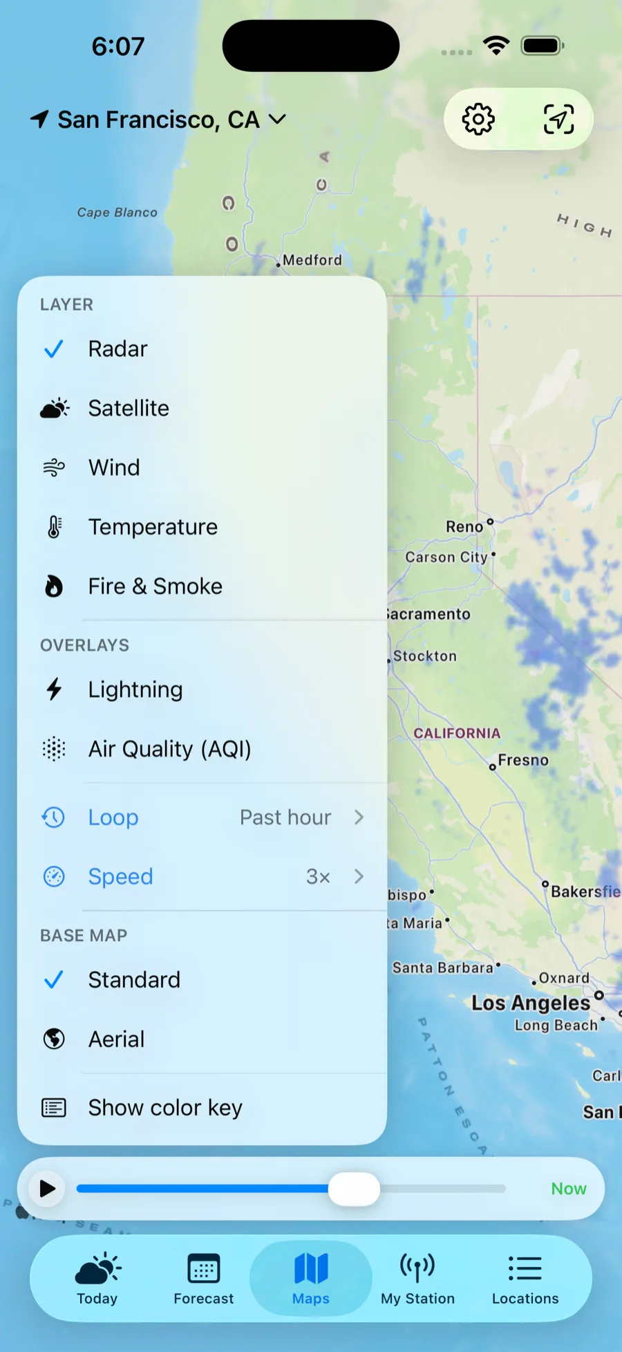 The Maps layer menu: layers, overlays, loop, speed, and base map