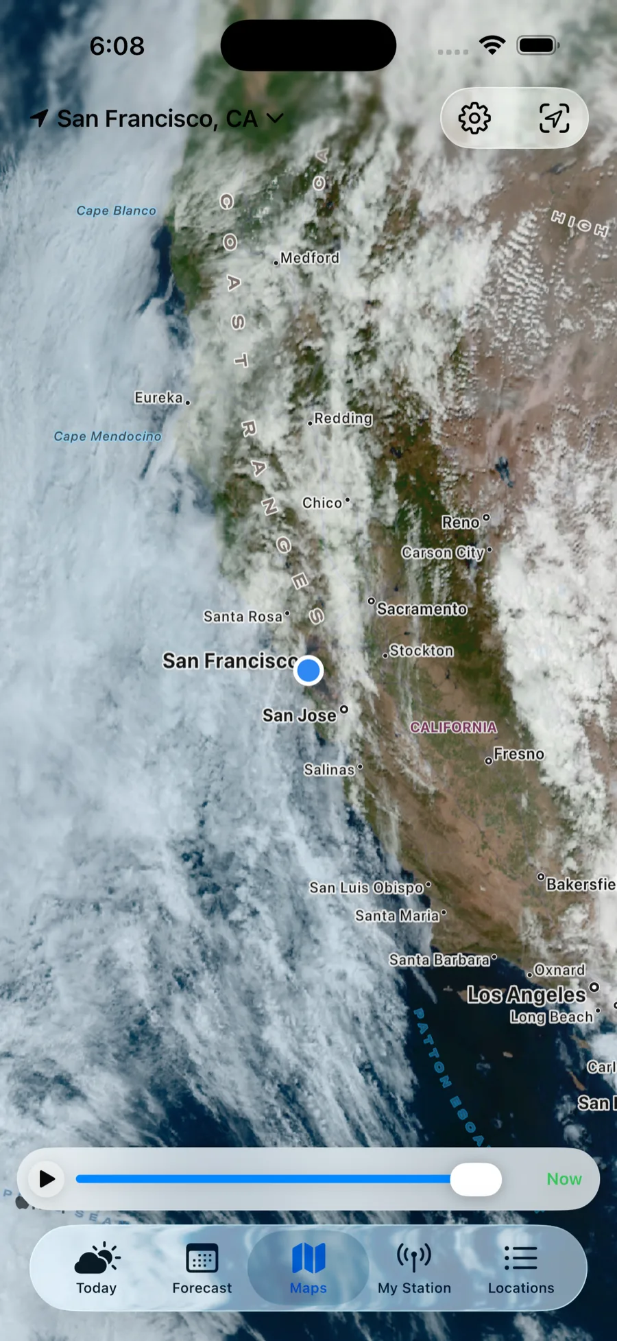 GOES satellite imagery map with playback controls