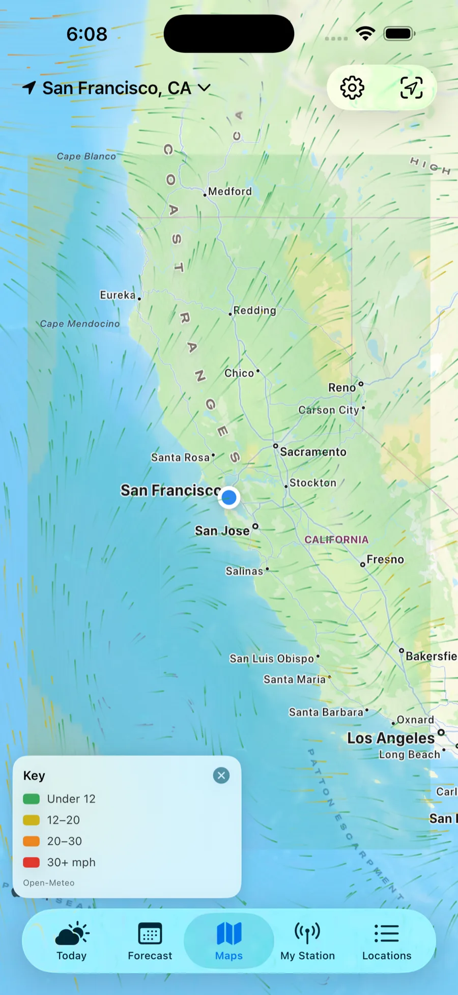 Surface wind-field map with a speed key