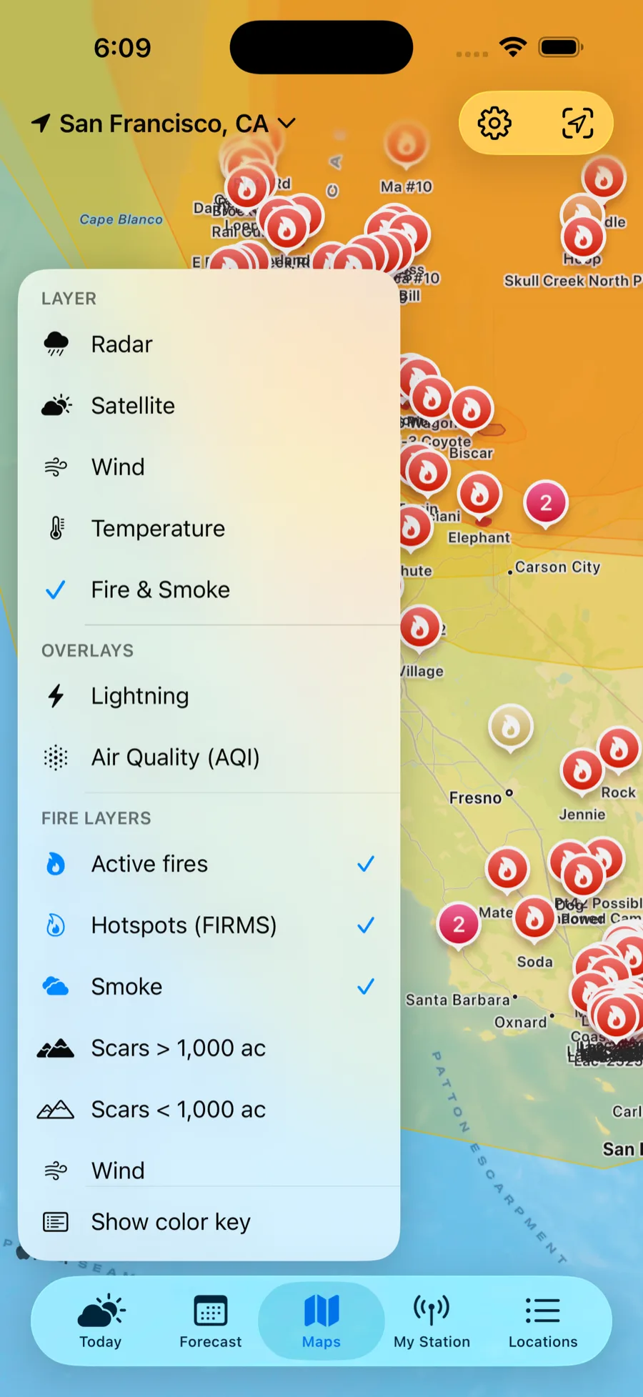 The Maps menu showing the fire-layers checklist