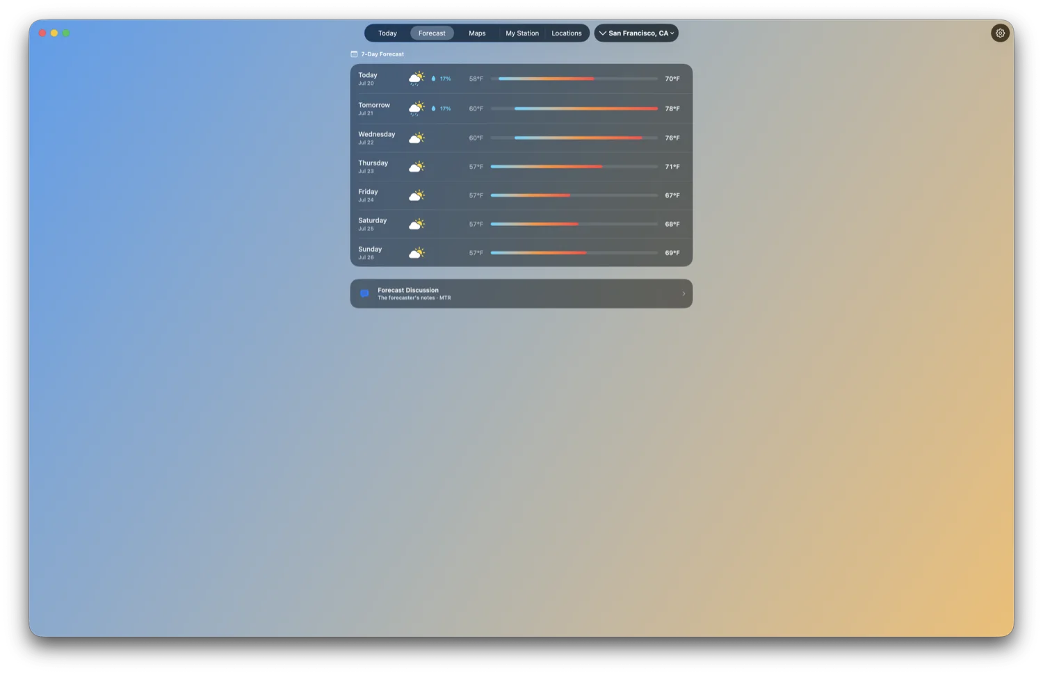 Seven-day forecast on Mac