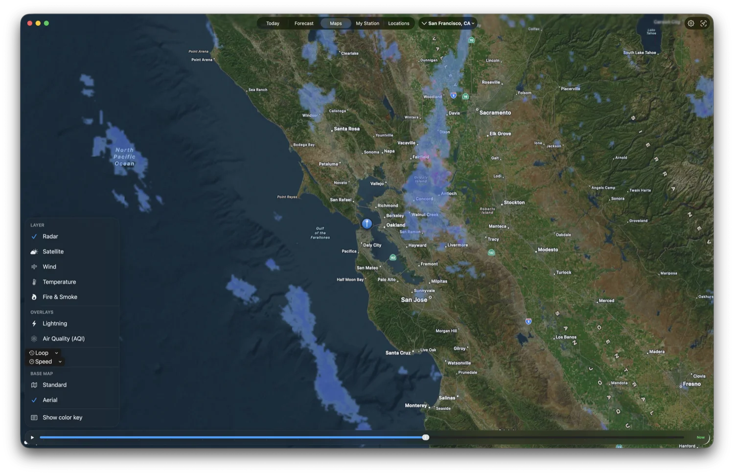 Radar on Mac with the Maps layer menu open over an aerial base map