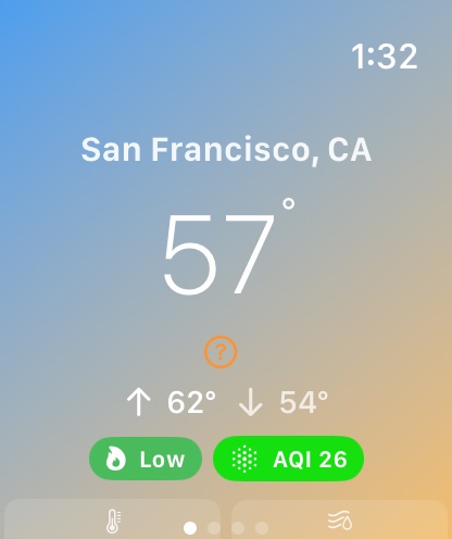 Apple Watch current conditions with fire-risk and AQI chips