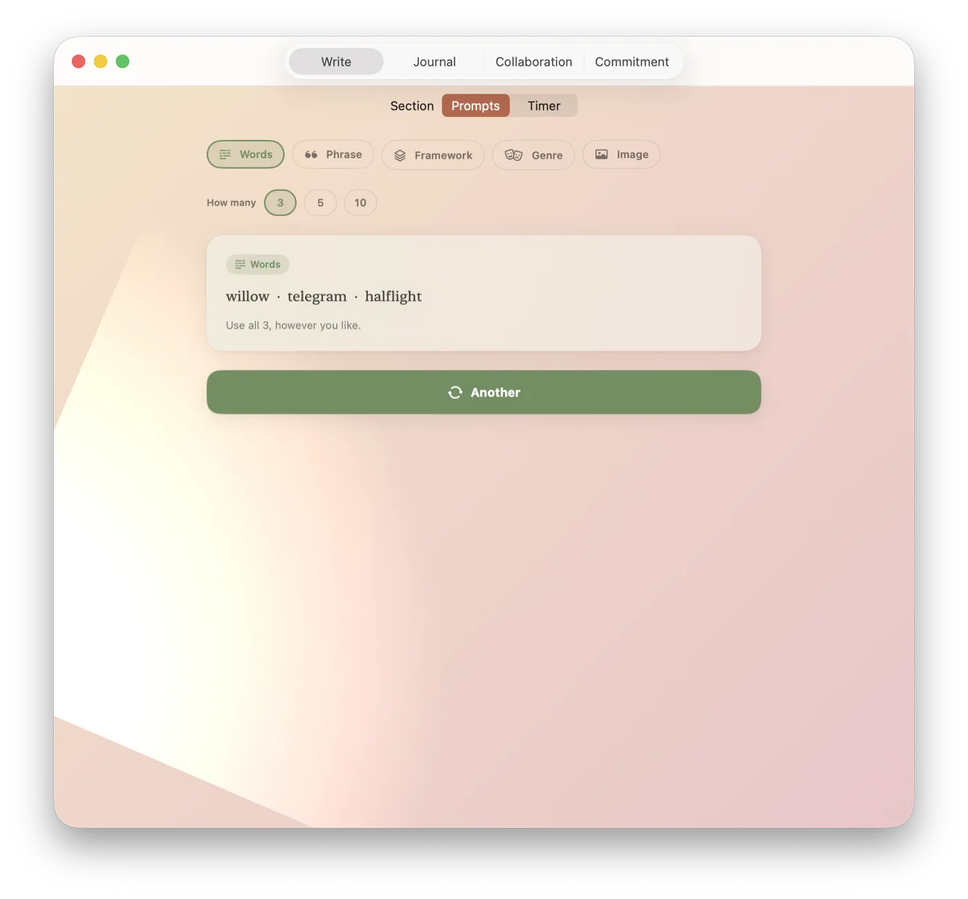 Conjunction on Mac: the Words prompt showing three words to write from