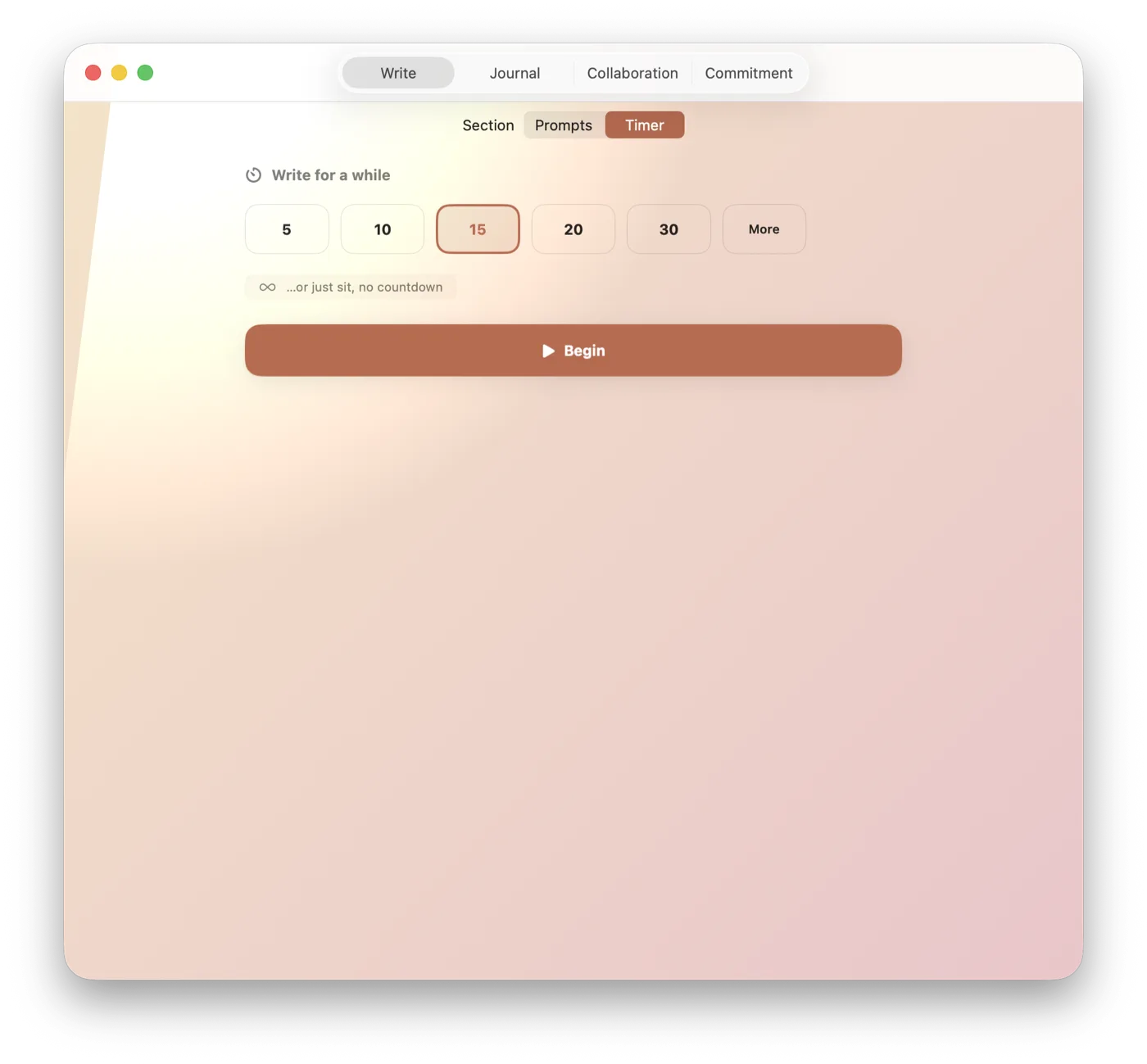 The writing timer with presets and a no-countdown option