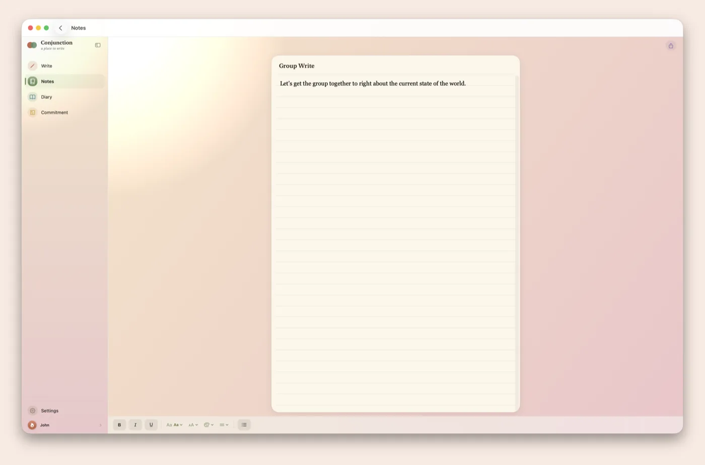The note editor — rich text on a sheet-of-paper background, with a formatting bar