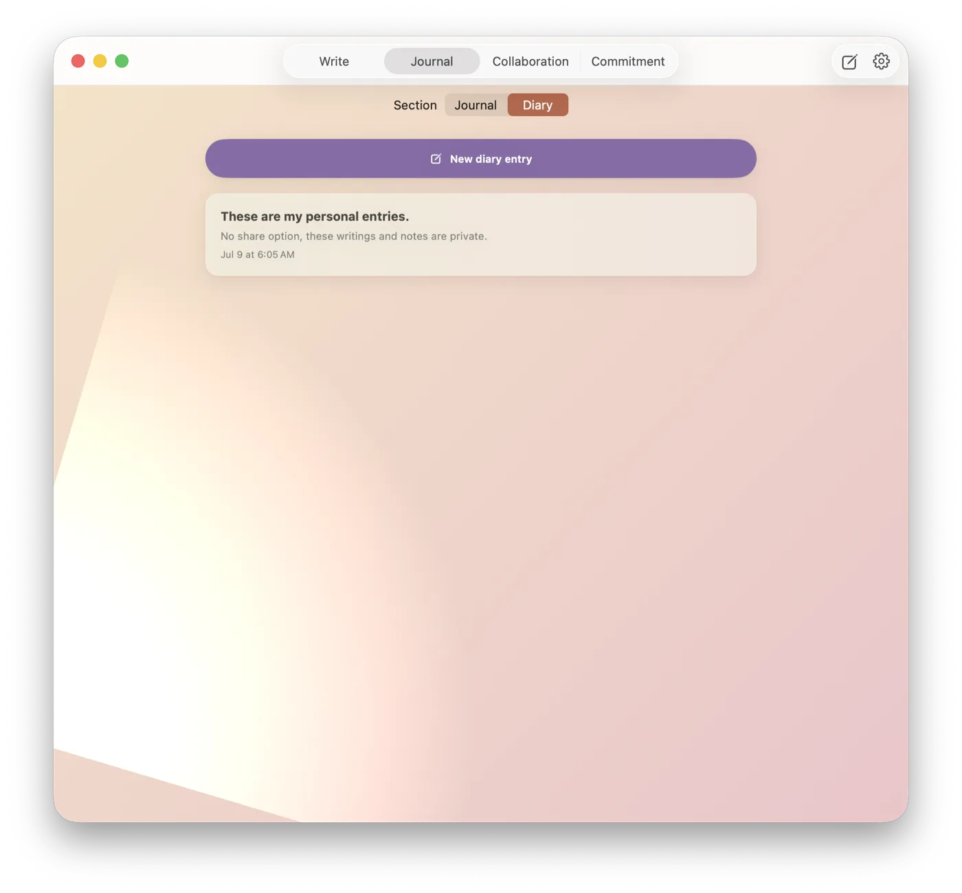 The private diary, with a note that entries aren't shareable