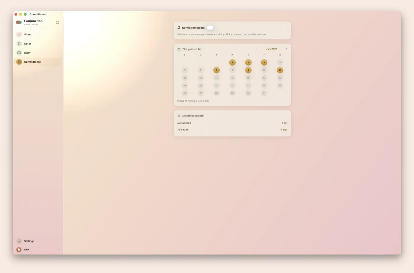 Commitment: a calendar marking the days you wrote, and a month-by-month count