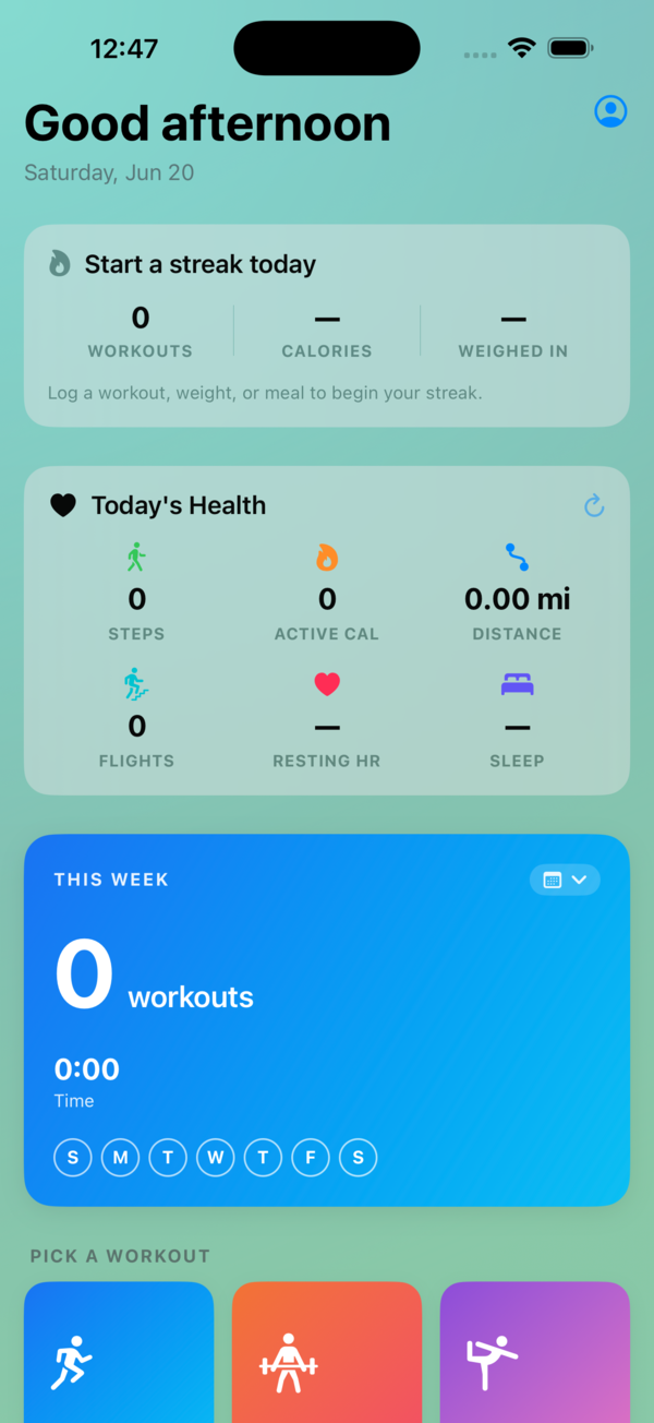 InForm Today dashboard with activity and streaks