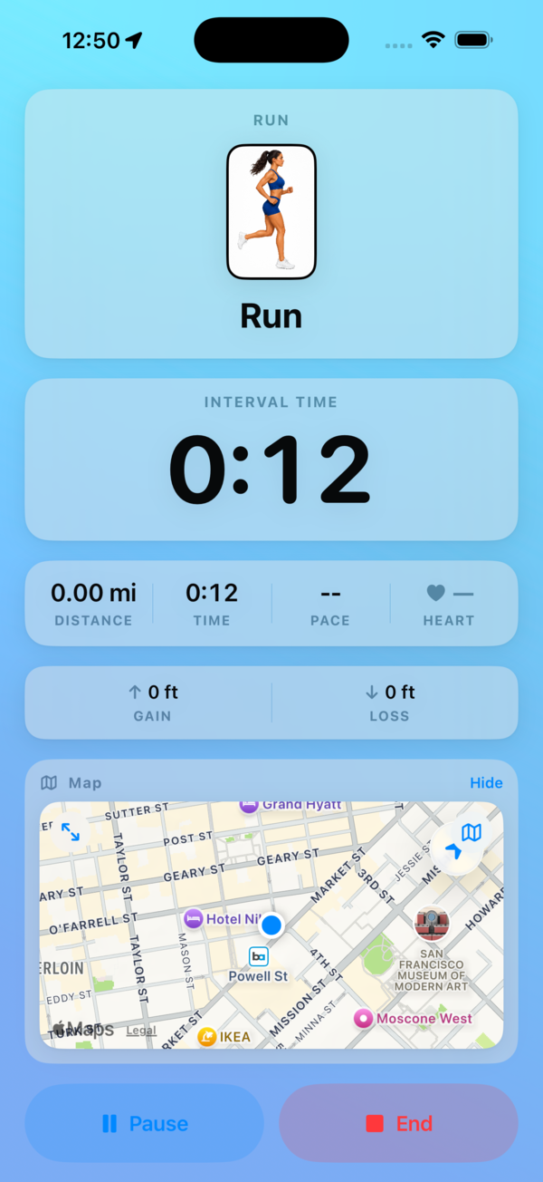 Live interval run with pace, heart rate, and route map