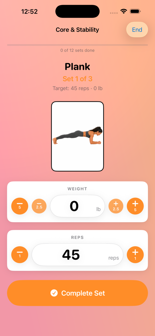 Guided strength set with target reps and illustrated form
