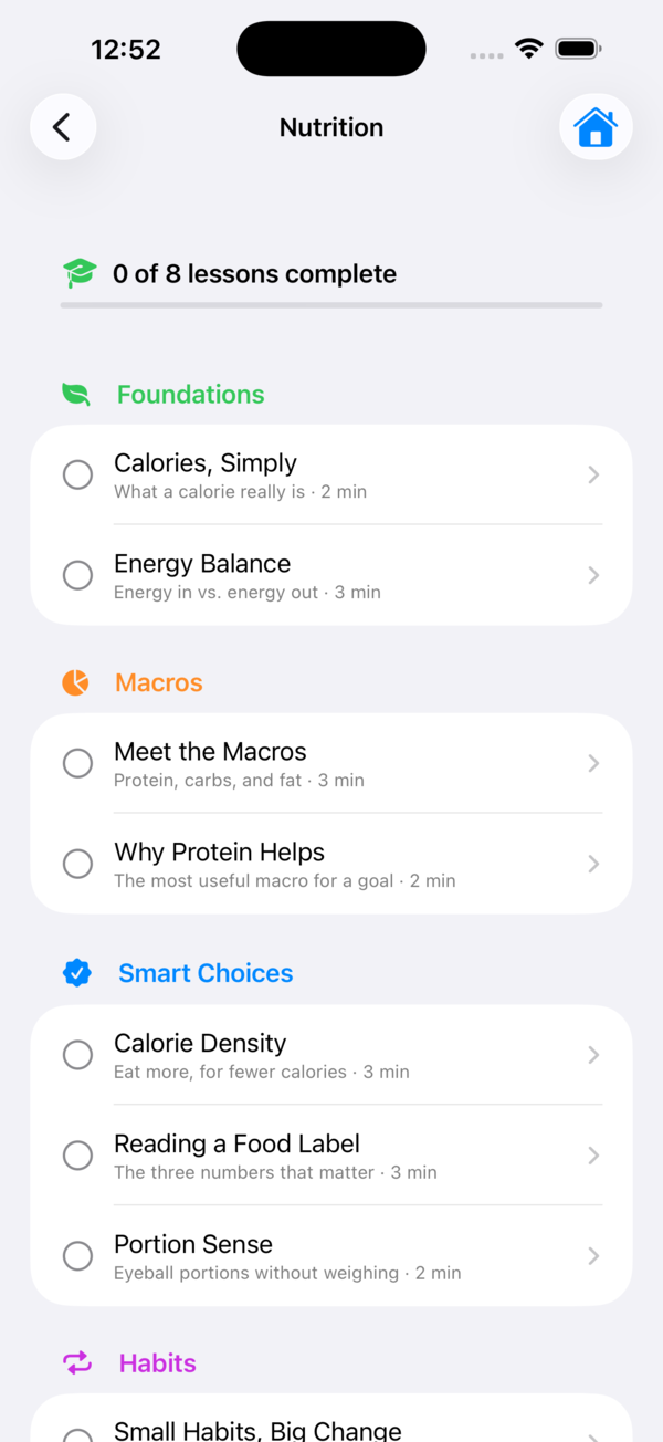 Built-in nutrition course on calories, macros, and habits