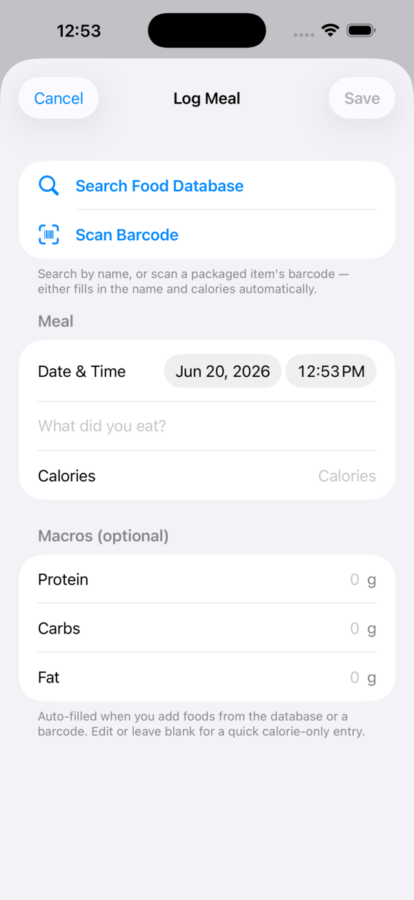 Log a meal by searching a food database or scanning a barcode