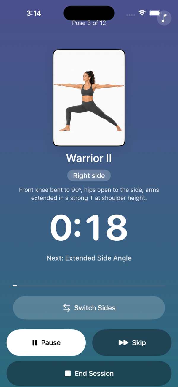 Guided yoga session with an illustrated pose and timer