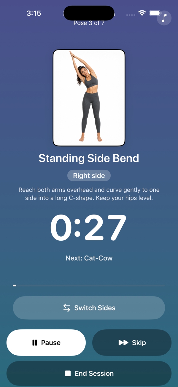Guided stretching session with an illustrated pose