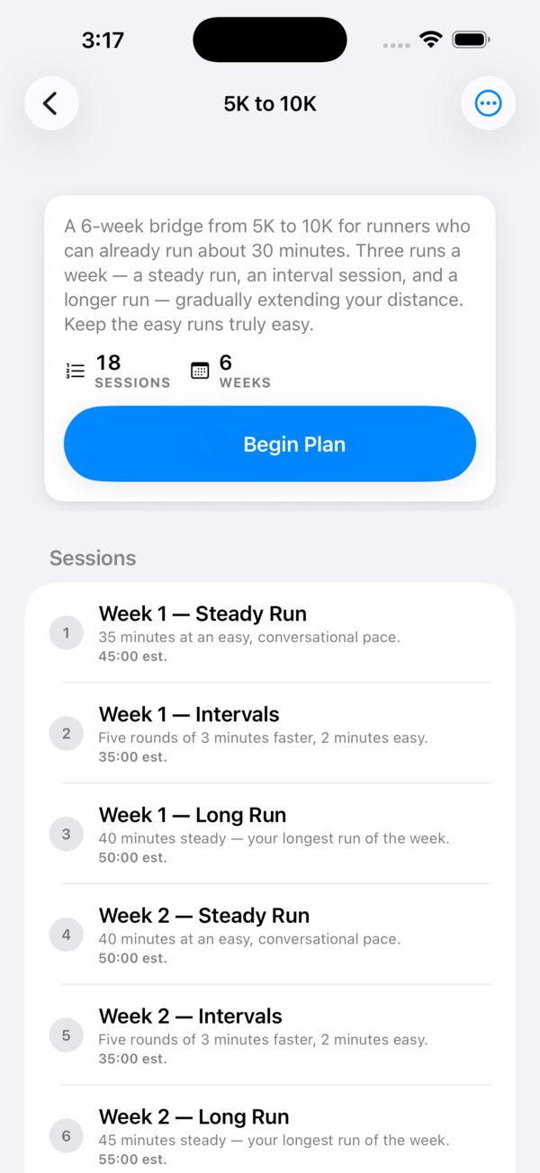 Multi-week 5K to 10K running program with sessions