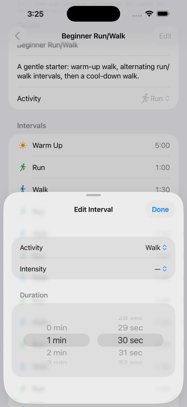 Custom interval builder editing work and rest steps