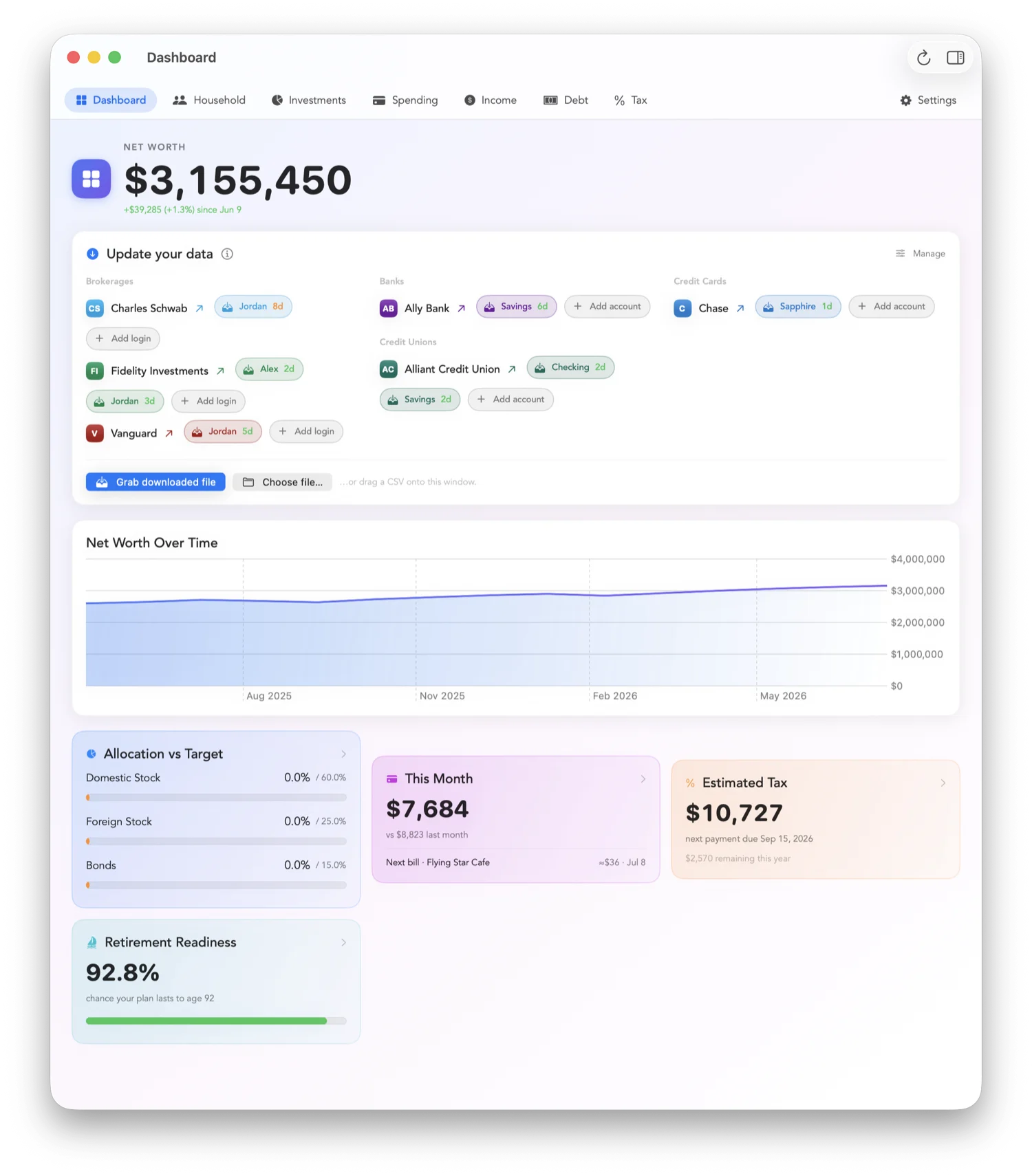 Lode Wealth dashboard on Mac: net worth, spending, tax, and retirement readiness