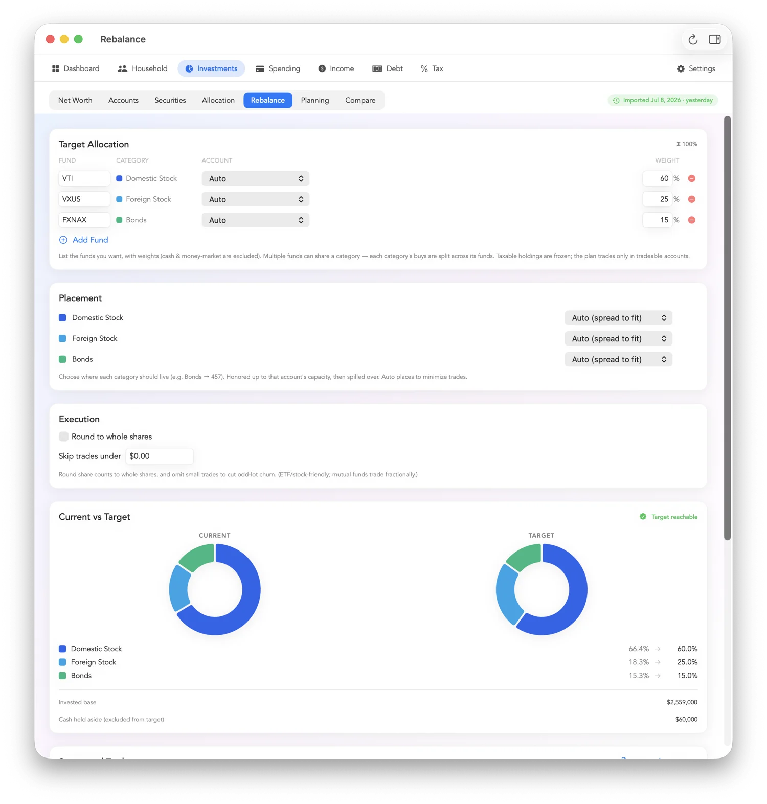 Rebalance view with target allocation and current-versus-target donuts