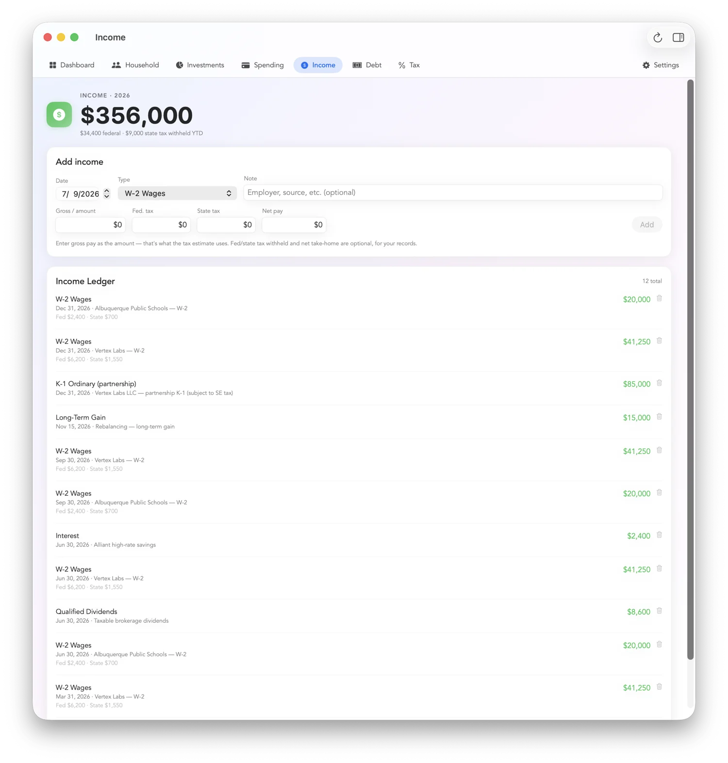Income ledger of wages, K-1, dividends, interest, and gains
