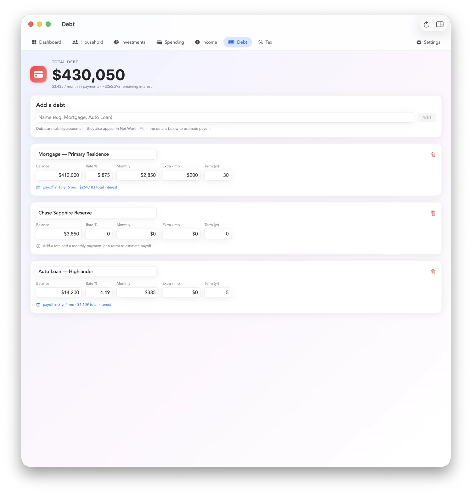 Debt list with balances, rates, and payoff estimates