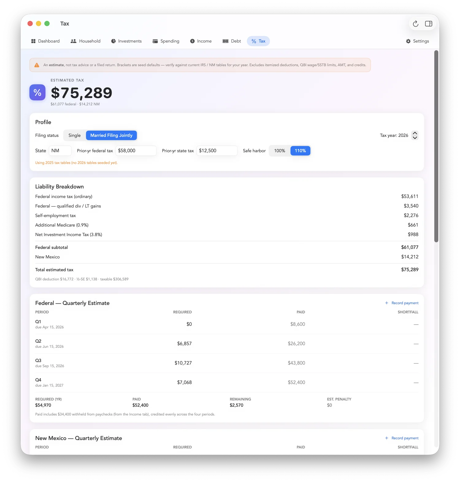 Tax estimate with federal and state liability and quarterly estimates