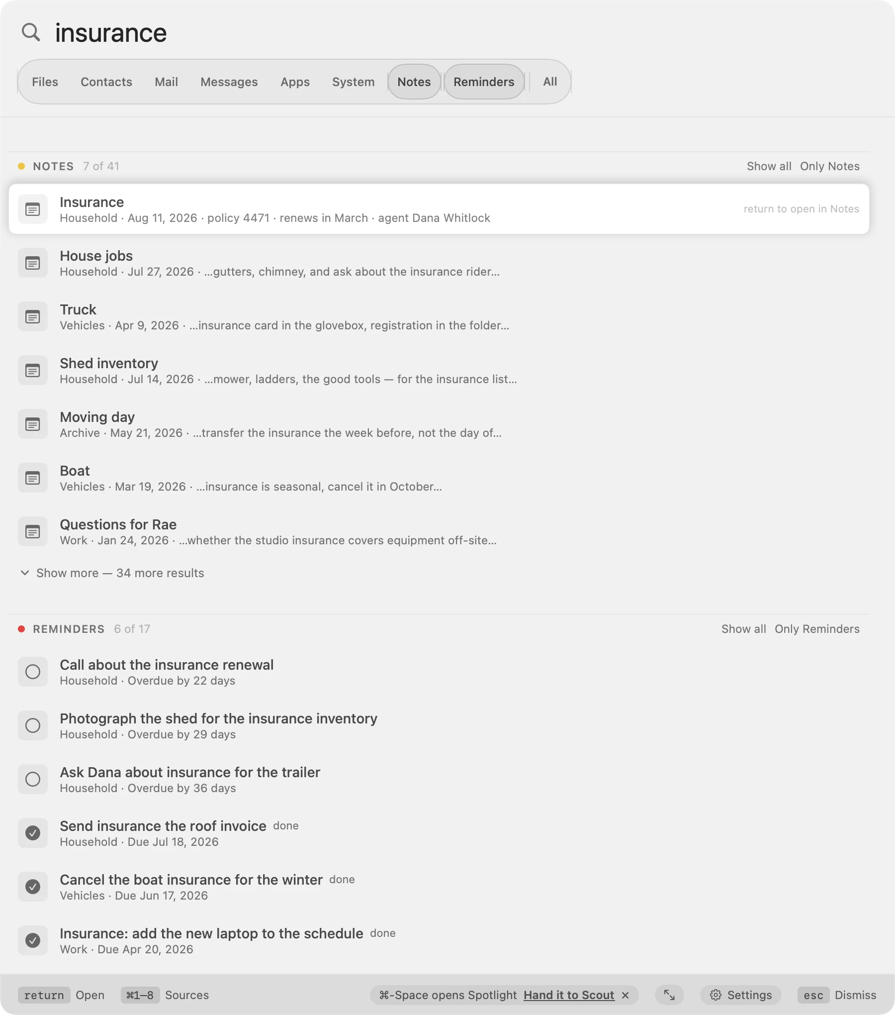 Notes and Reminders sections, the notes matched on words inside them rather than on their titles