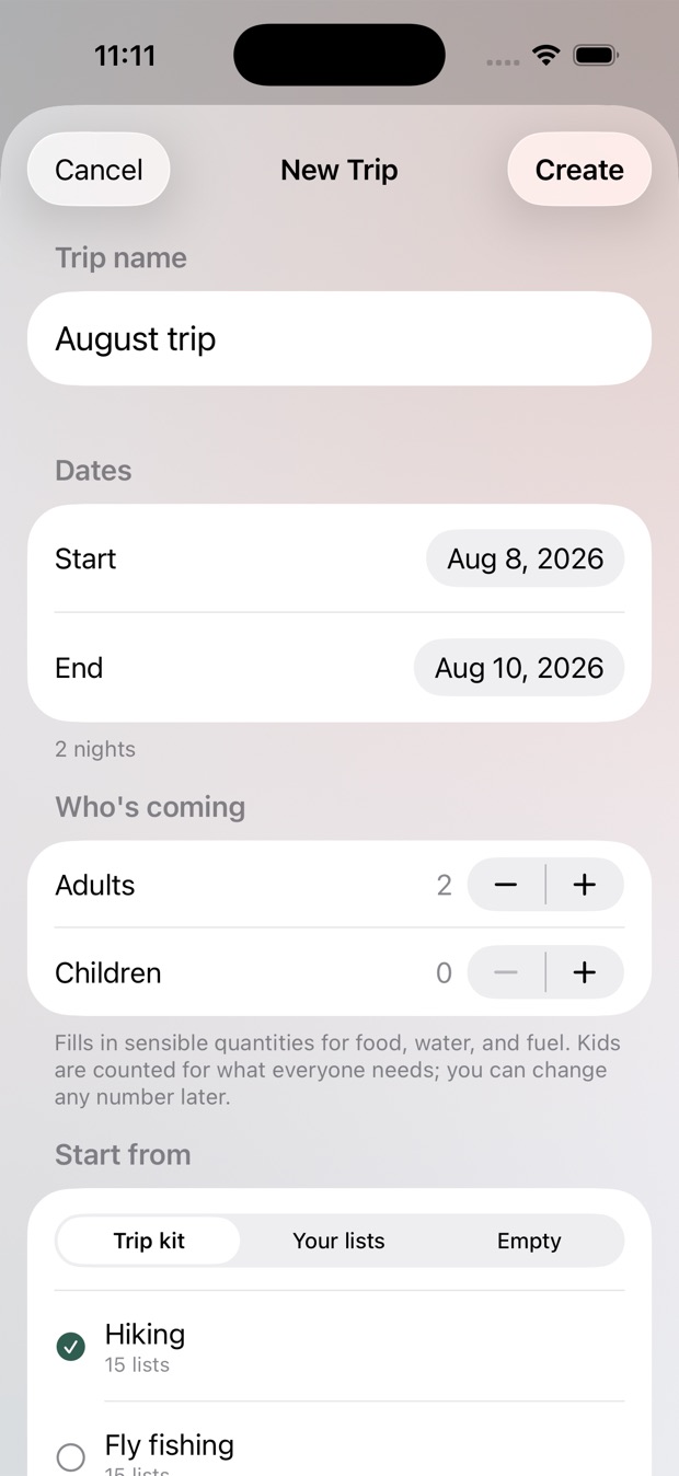 Wildbound's New Trip screen: trip name, dates, who's coming, and a starter kit to pack from