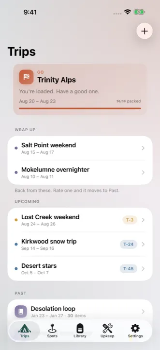 Wildbound's Trips screen: a trip ready to go, trips to wrap up, and what's coming with a countdown on each