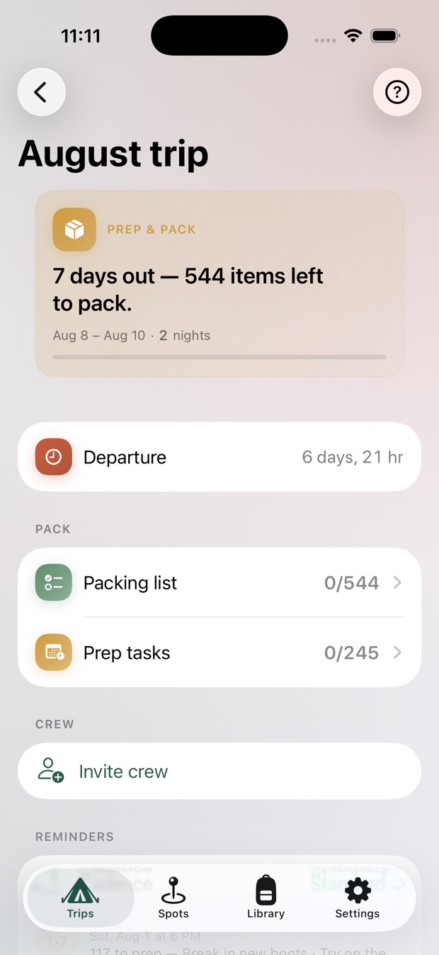 A trip overview with a prep-and-pack card, a departure countdown, packing and prep progress, and crew