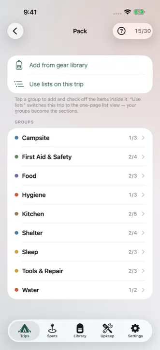 A packing list broken into groups — Campsite, Food, Shelter, Sleep — each with its own progress count