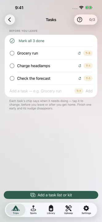 A pre-trip task list — grocery run, charge headlamps, check the forecast — each with a timing chip and a reminder bell