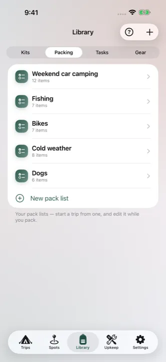 A library of reusable packing lists: weekend car camping, fishing, bikes, cold weather, dogs