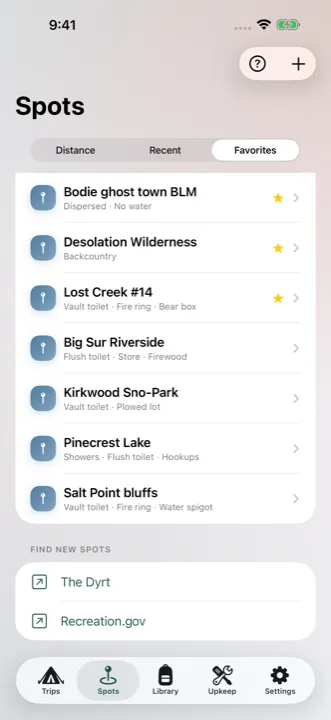A list of saved camping spots with amenities noted, sorted by favorites