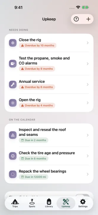 An Upkeep screen tracking rig maintenance — what's overdue and what's coming up on the calendar